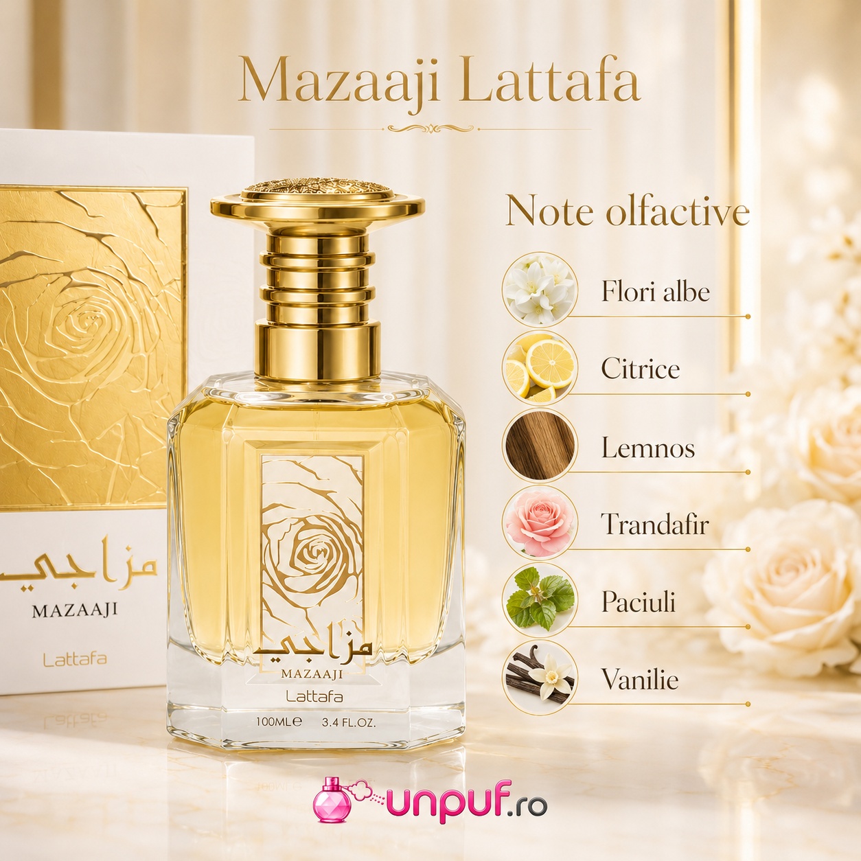 Prezentare parfum Mazaaji Lattafa cu note olfactive flori albe citrice lemnos trandafir paciuli și vanilie