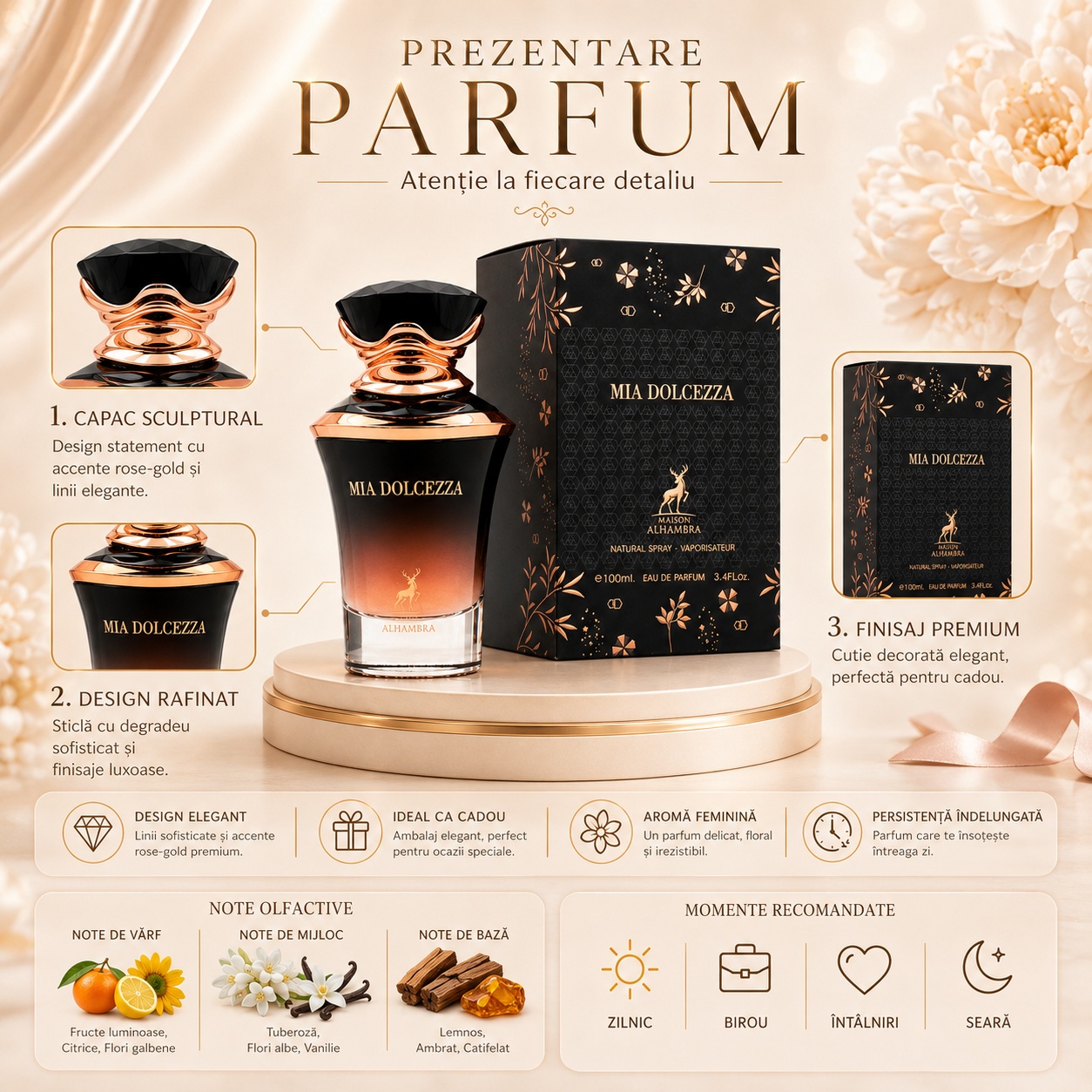 Prezentare parfum Mia Dolcezza Maison Alhambra cu capac sculptural design rafinat finisaj premium note olfactive și momente recomandate