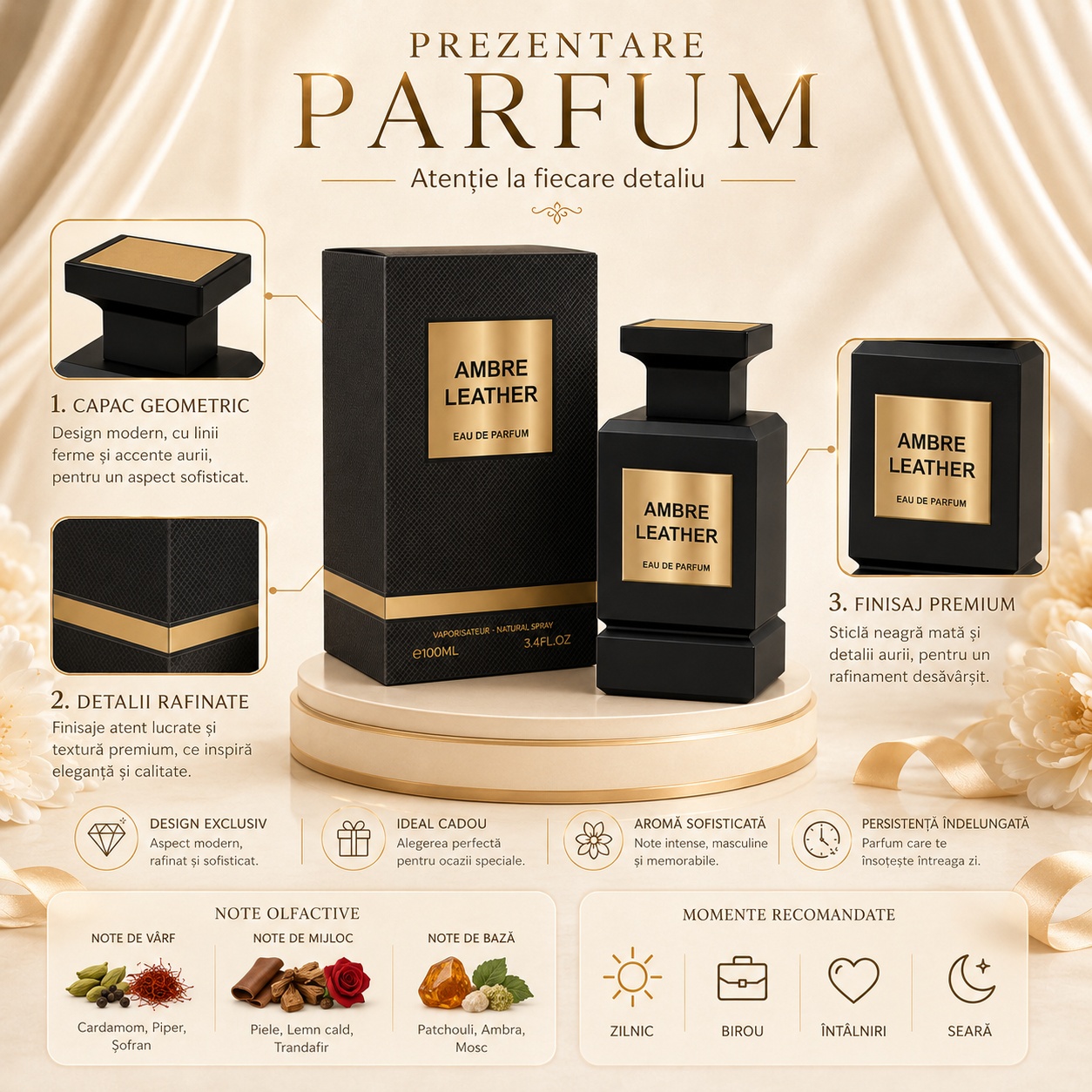 Prezentare parfum Milestone Black Leather cu capac geometric, detalii rafinate, finisaj premium și note olfactive