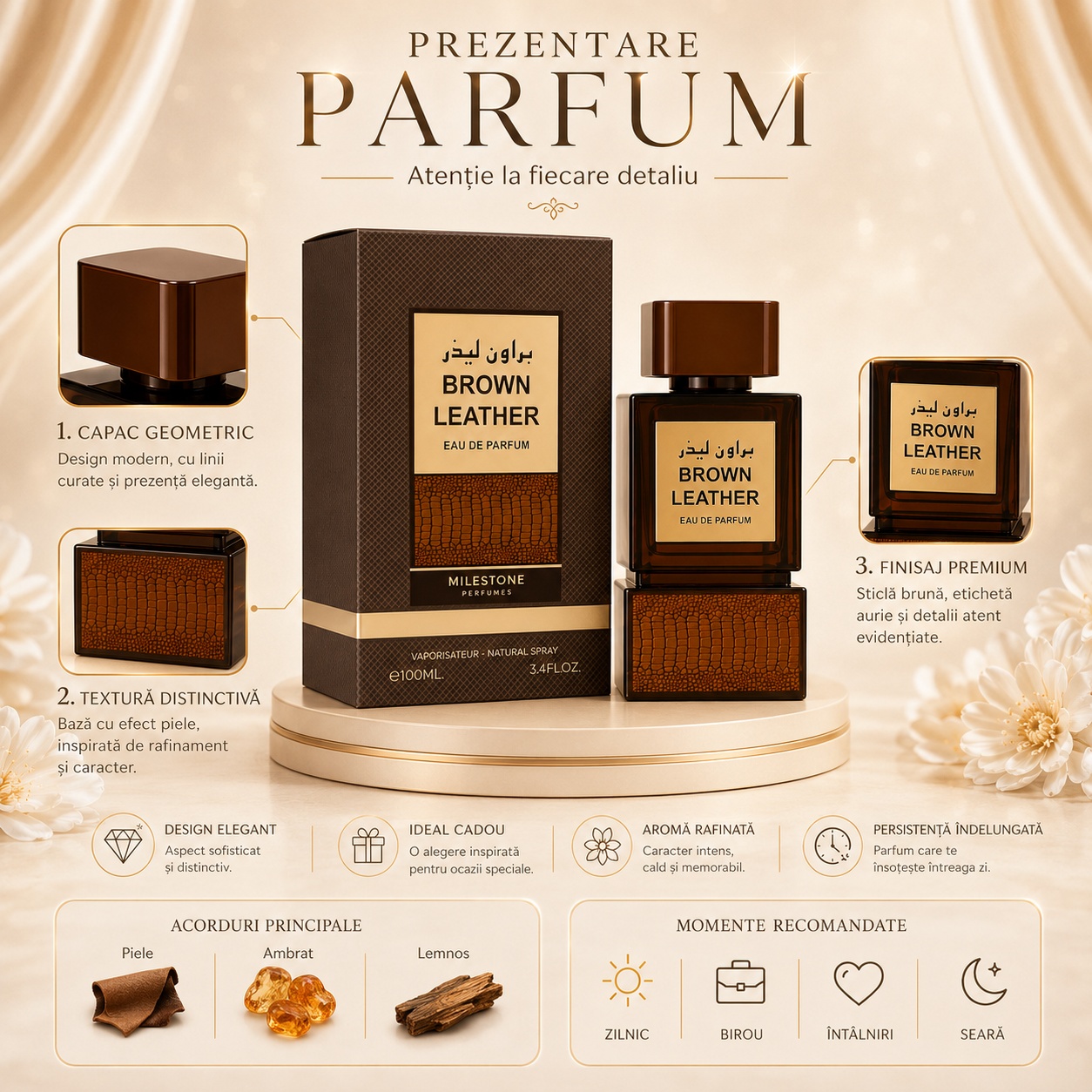 Prezentare parfum Milestone Brown Leather cu capac geometric textură distinctivă finisaj premium acorduri principale și momente recomandate