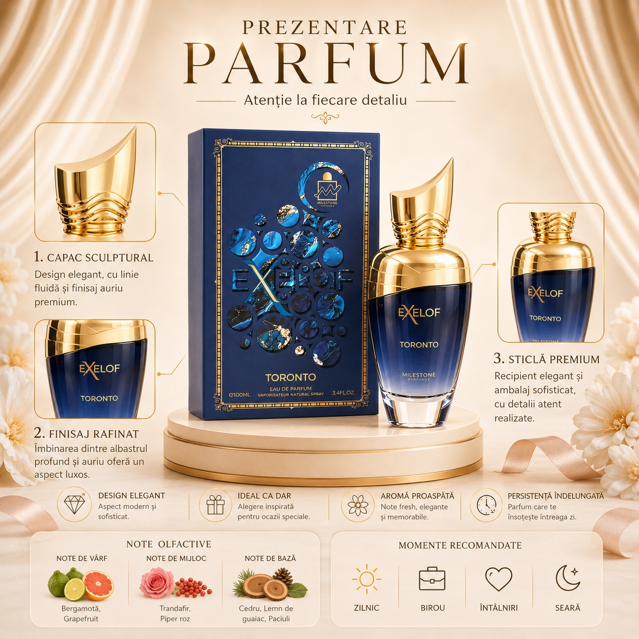 Prezentare parfum Milestone Exelof Toronto cu capac sculptural finisaj rafinat sticlă premium note olfactive și momente recomandate