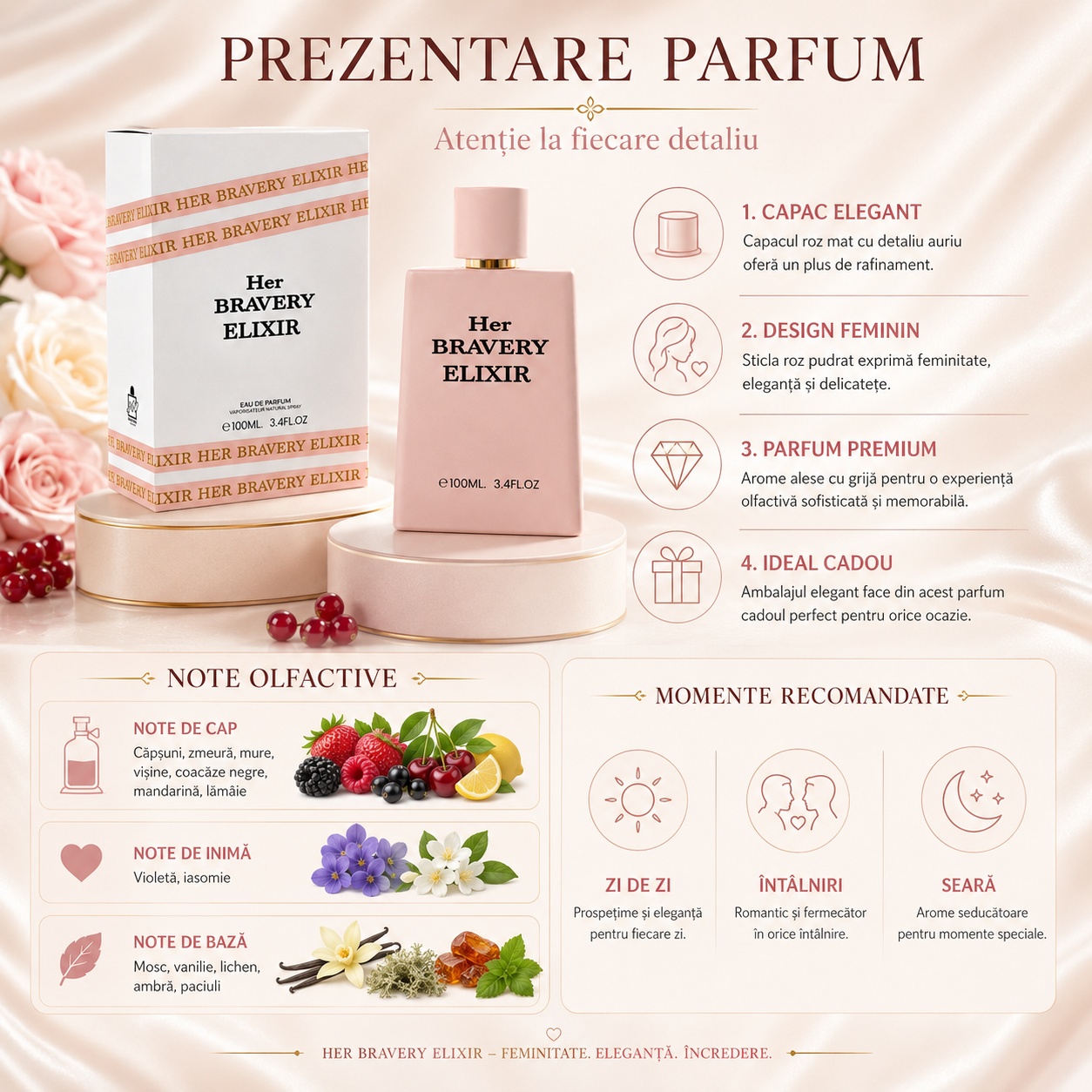 Prezentare parfum Milestone Her Bravery Elixir cu capac elegant design feminin parfum premium note olfactive și momente recomandate
