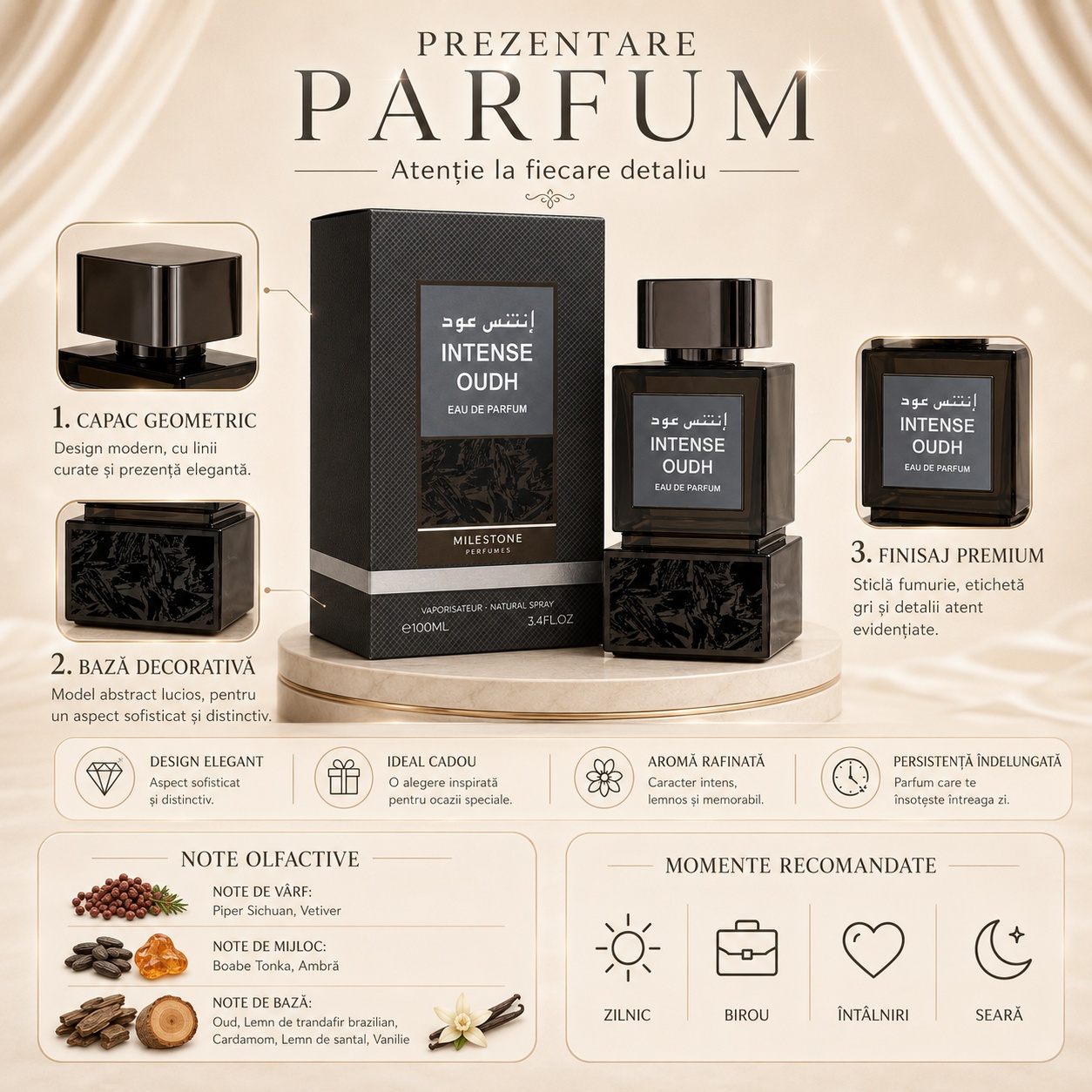 Prezentare parfum Milestone Intense Oudh cu capac geometric, bază decorativă, finisaj premium și note olfactive