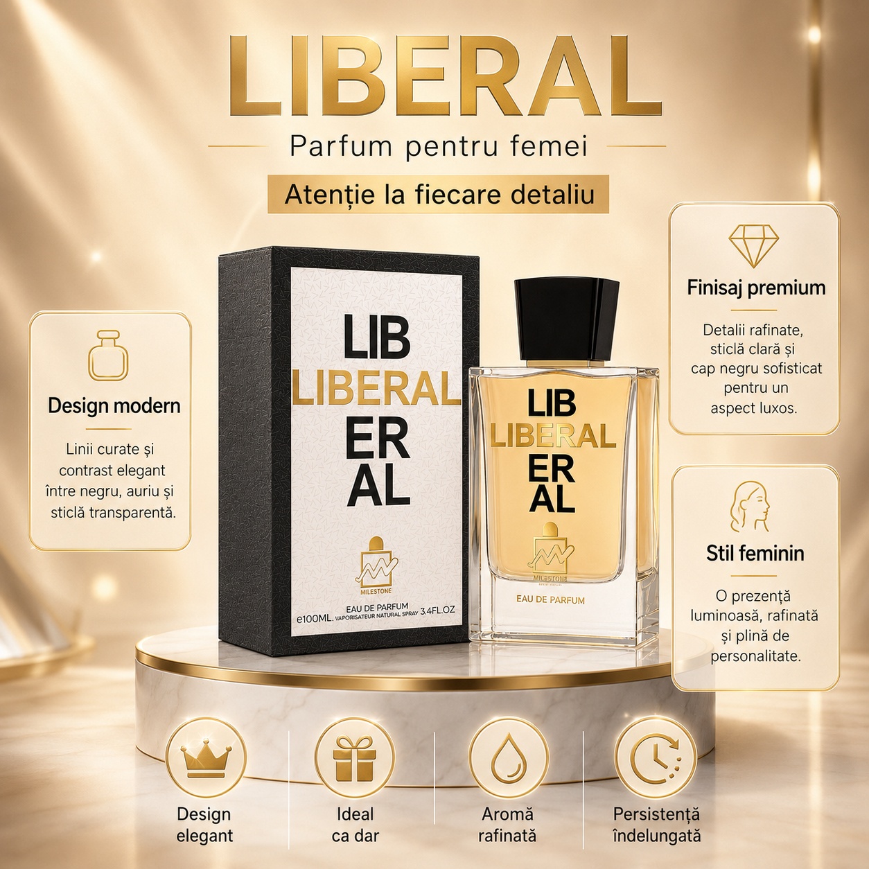 Prezentare parfum Milestone Liberal cu design modern finisaj premium stil feminin aromă rafinată și persistență &icirc;ndelungată
