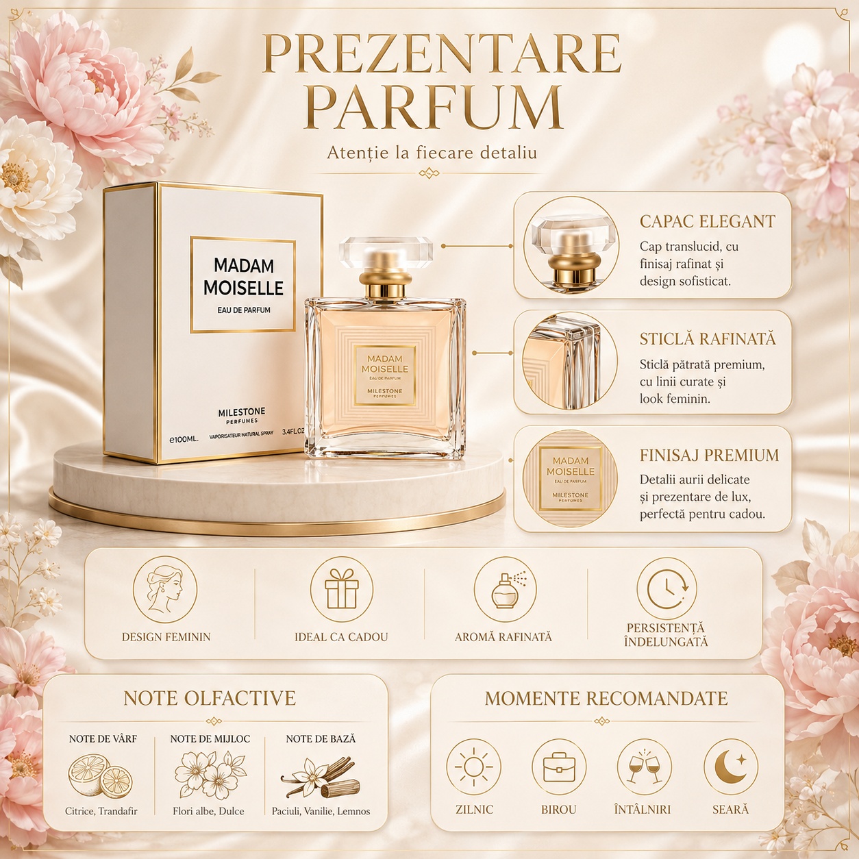 Prezentare parfum Milestone Madam Moiselle cu capac elegant, sticlă rafinată, finisaj premium, note olfactive și momente recomandate
