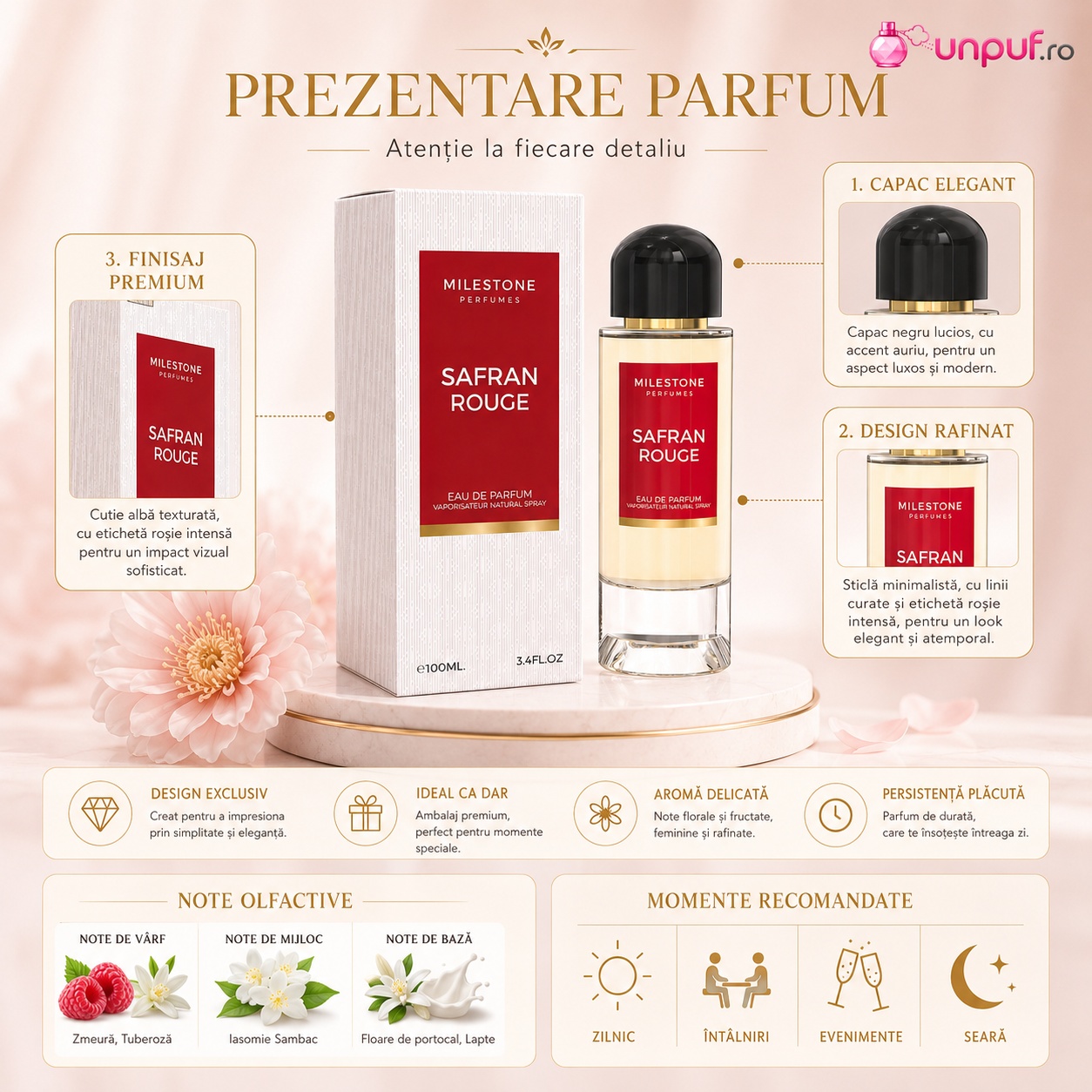 Prezentare parfum Milestone Safran Rouge cu capac elegant, design rafinat, finisaj premium, note olfactive și momente recomandate