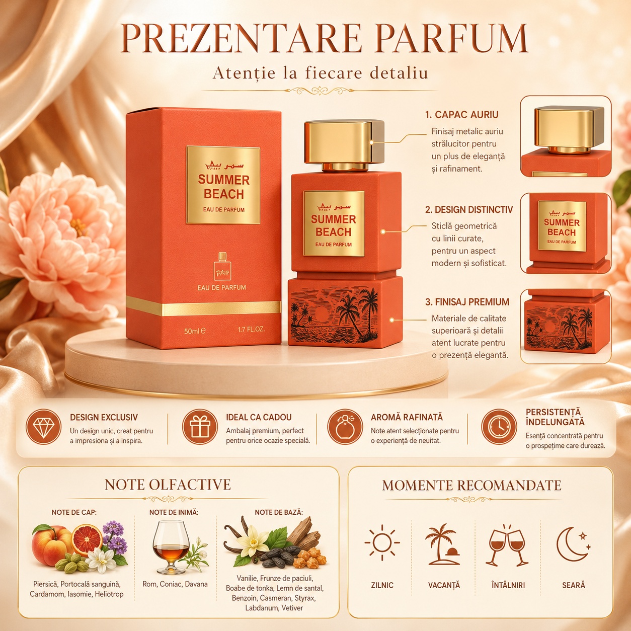 Prezentare parfum Milestone Summer Beach cu capac auriu, design distinctiv, finisaj premium, note olfactive și momente recomandate