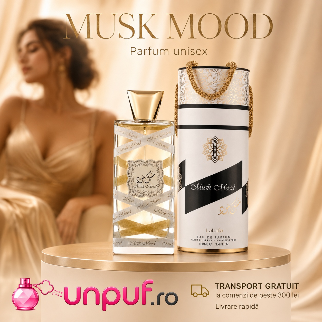 Mood Musk Lattafa parfum unisex cu flacon și cutie premium, transport gratuit la comenzi peste 300 lei