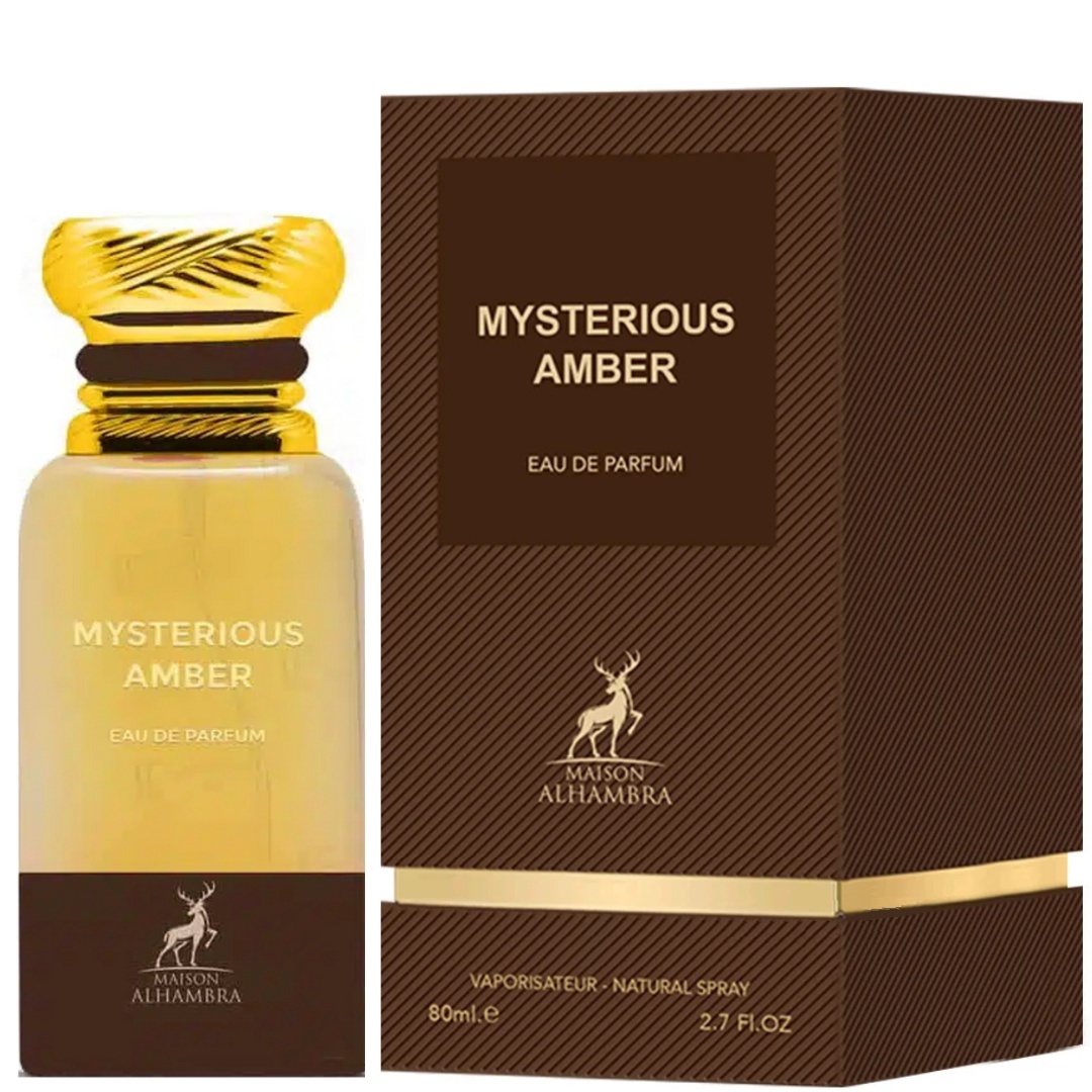 Mysterious Amber Maison Alhambra 80 ml sticlă și cutie produs pe fundal alb