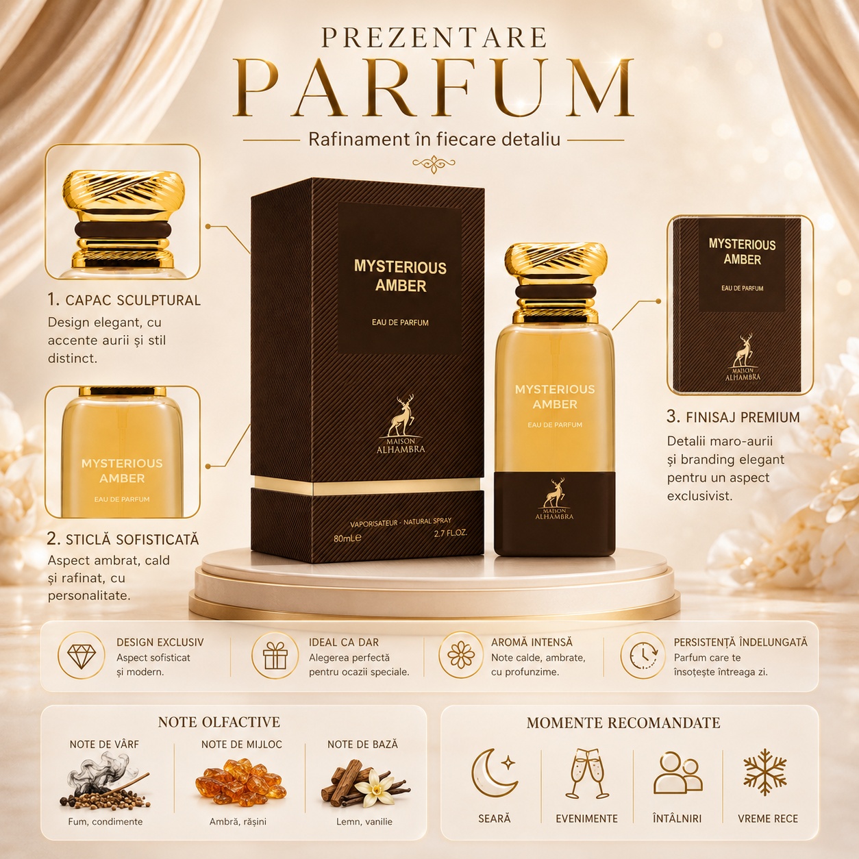 Prezentare parfum Mysterious Amber Maison Alhambra cu capac sculptural, sticlă sofisticată, finisaj premium și note olfactive