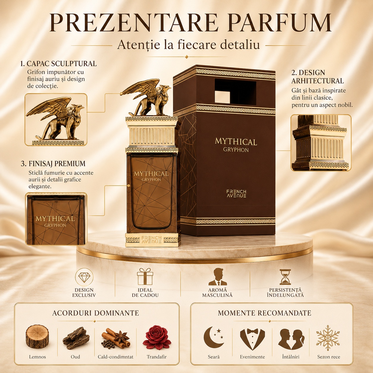 Prezentare parfum Mythical Gryphon cu capac sculptural, design arhitectural, finisaj premium și acorduri dominante lemnoase, oud, cald condimentat și trandafir