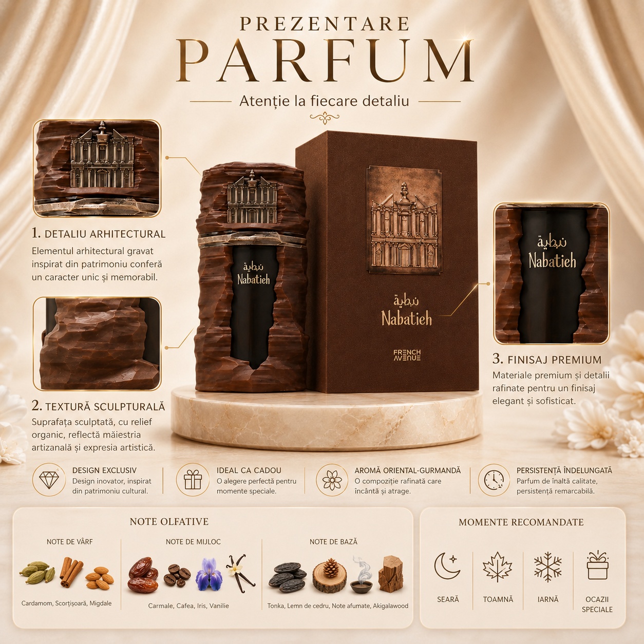 Prezentare parfum Nabatieh French Avenue cu detaliu arhitectural, textură sculpturală, finisaj premium și note olfactive