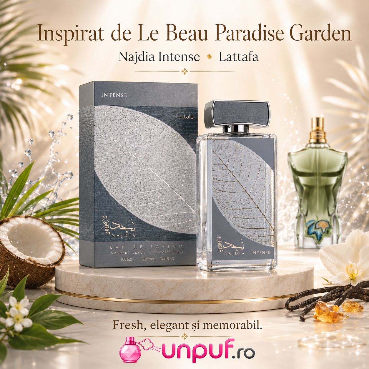 Najdia Intense Lattafa inspirat de Le Beau Paradise Garden parfum bărbătesc fresh elegant și memorabil