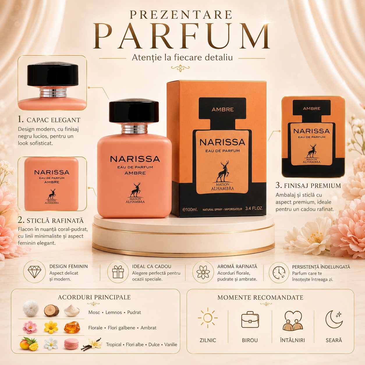 Prezentare parfum Narissa Ambre Maison Alhambra cu capac elegant, sticlă rafinată, finisaj premium, acorduri principale și momente recomandate