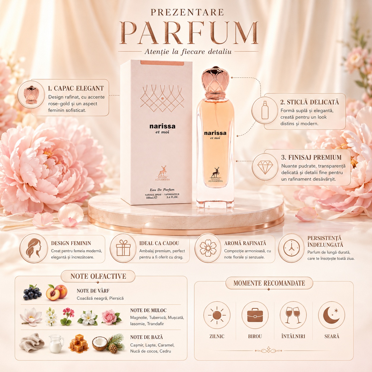 Prezentare parfum Narissa Et Moi Maison Alhambra cu capac elegant, sticlă delicată, finisaj premium, note olfactive și momente recomandate
