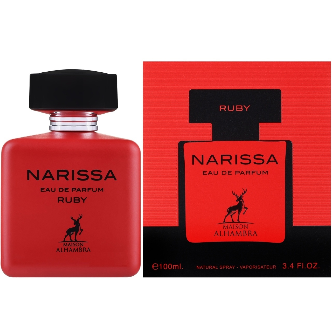 Narissa Ruby Maison Alhambra 100 ml sticlă și cutie produs pe fundal alb