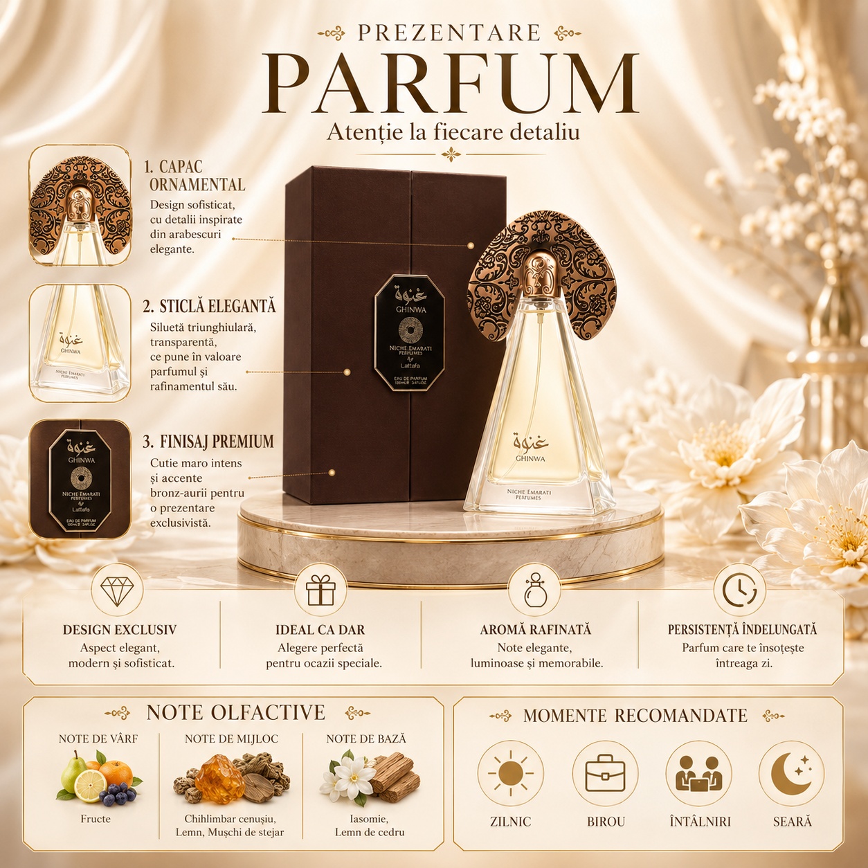 Prezentare parfum Niche Emarati Ghinwa cu capac ornamental, sticlă elegantă, finisaj premium, note olfactive și momente recomandate