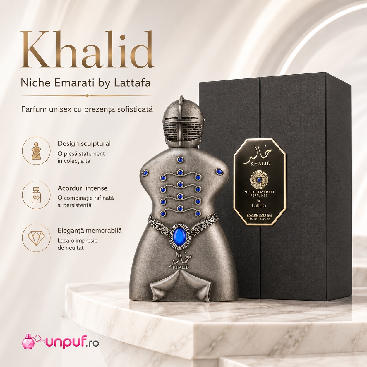 Prezentare parfum Niche Emarati Khalid Lattafa cu design sculptural, acorduri intense și eleganță memorabilă