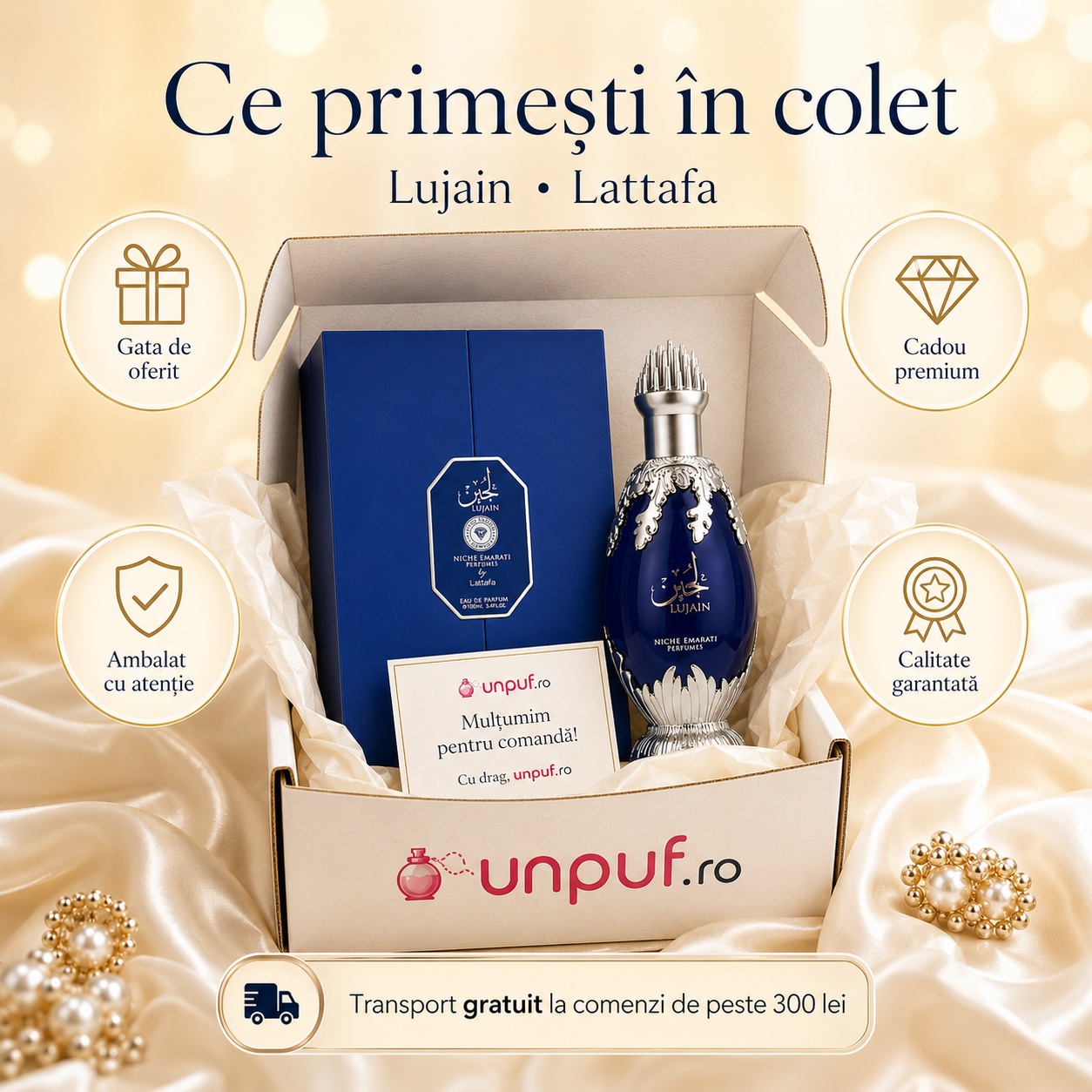 Ce primești &icirc;n colet Lujain Niche Emarati parfum arabesc unisex ambalat cu atenție de unpuf.ro