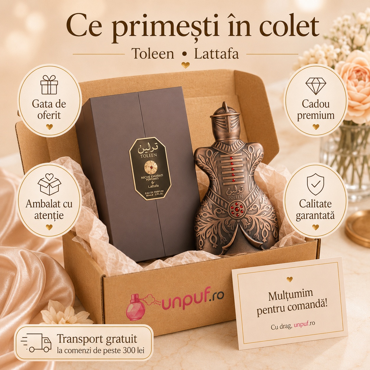 Ce primești &icirc;n colet Niche Emarati Toleen Lattafa parfum arabesc unisex ambalat cu atenție de unpuf.ro