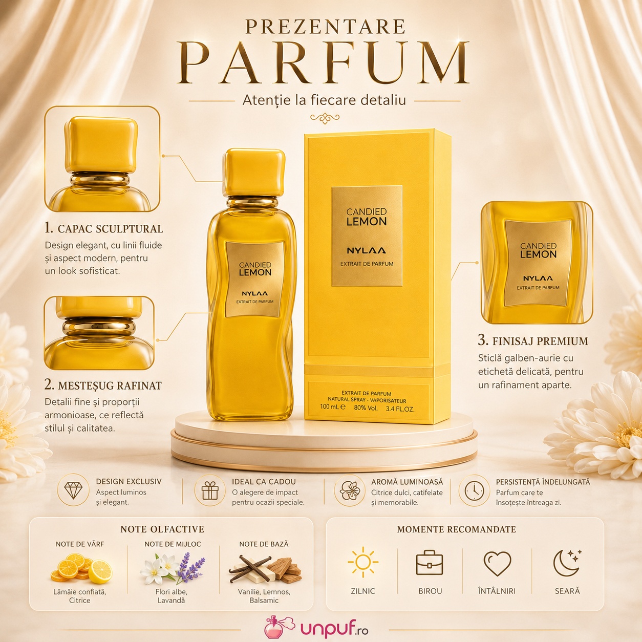 Prezentare parfum Nylaa Candied Lemon Extrait cu flacon, cutie premium, note olfactive și momente recomandate