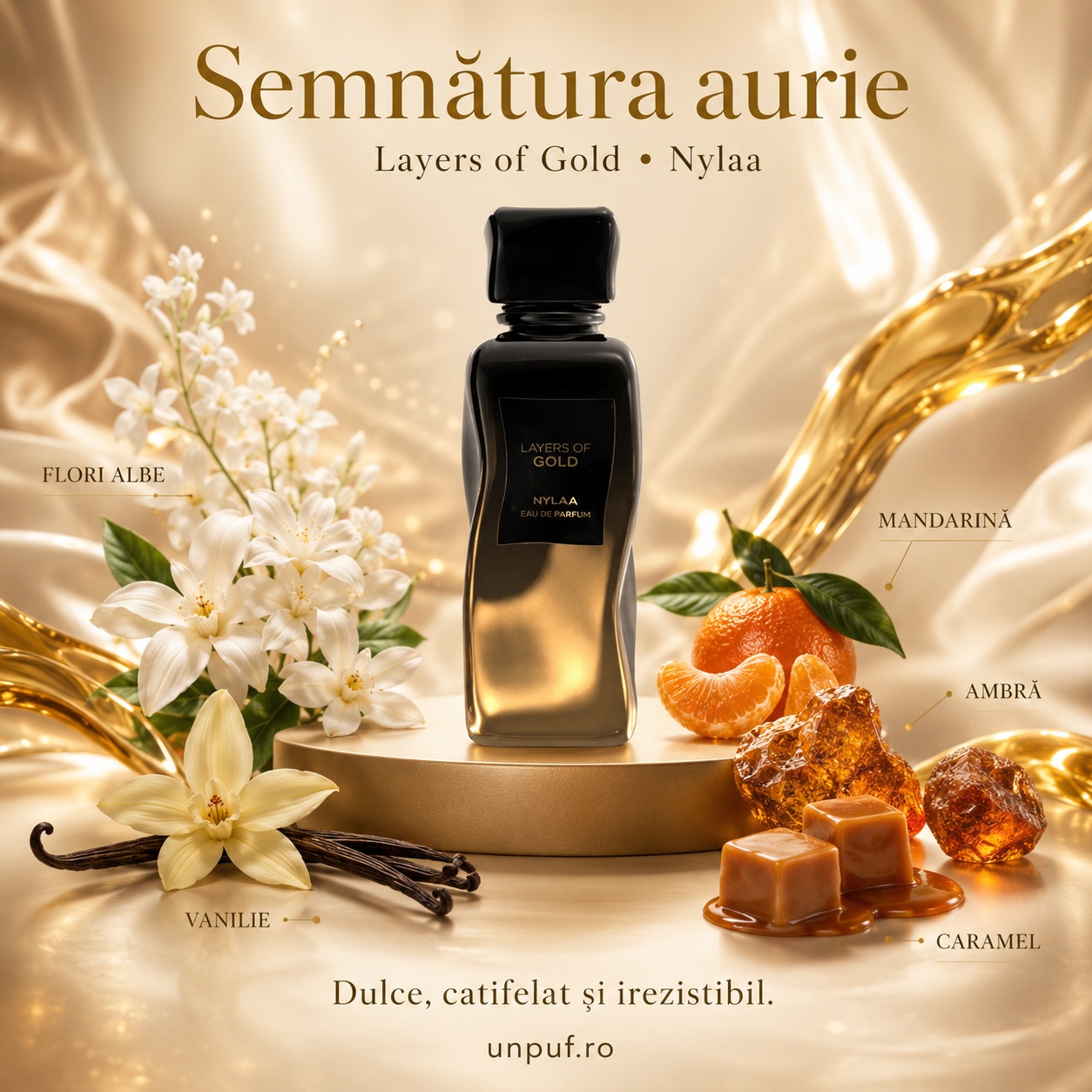 Nylaa Layers of Gold semnătură aurie, parfum ambrat și vanilat