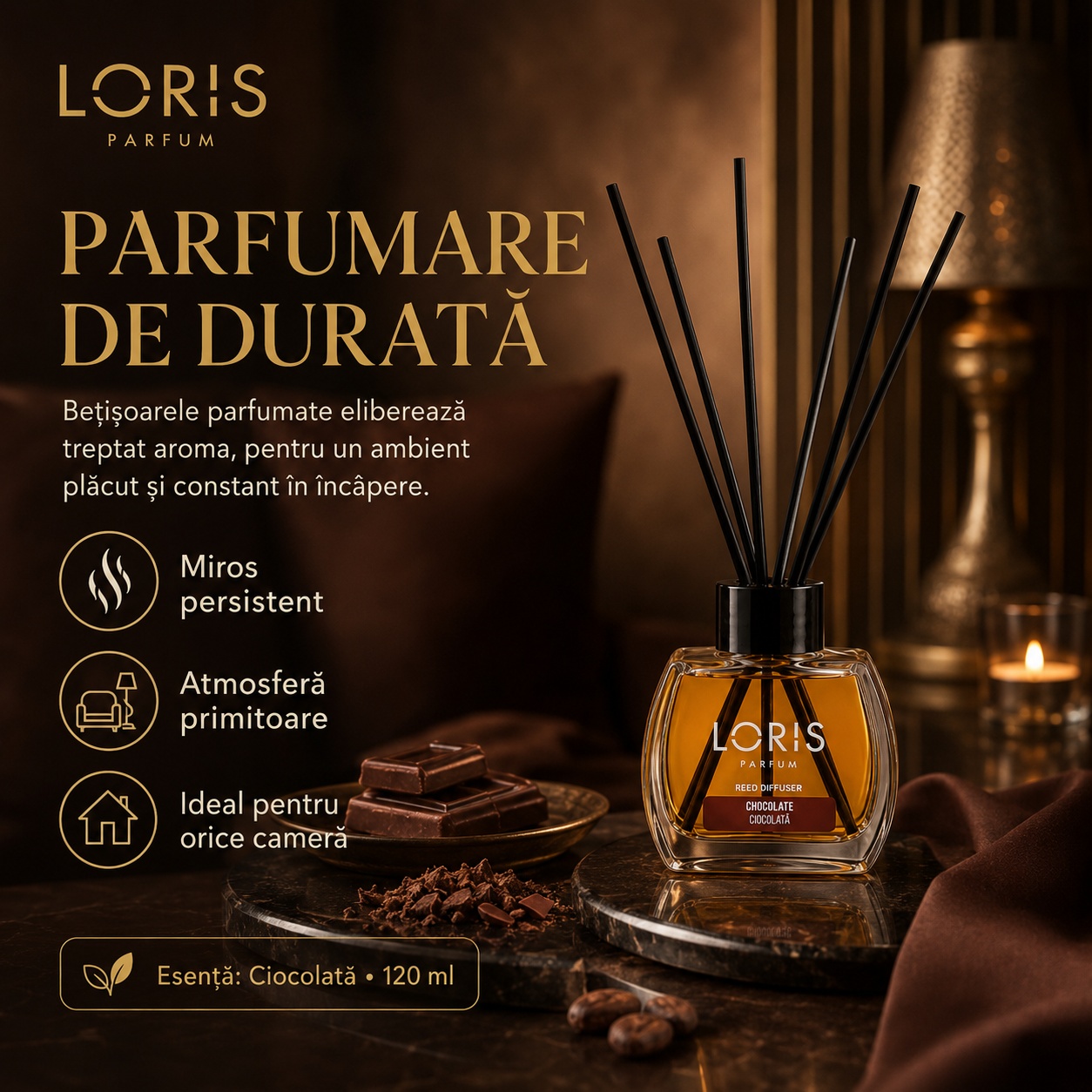 Parfumare de durată cu bețișoare parfumate Loris Parfum Chocolate 120 ml