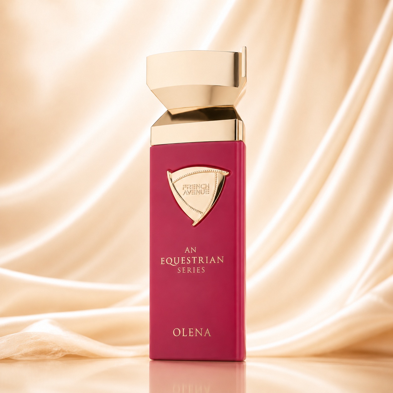 Sticlă parfum Olena French Avenue 100 ml roz fuchsia cu capac auriu și design feminin elegant