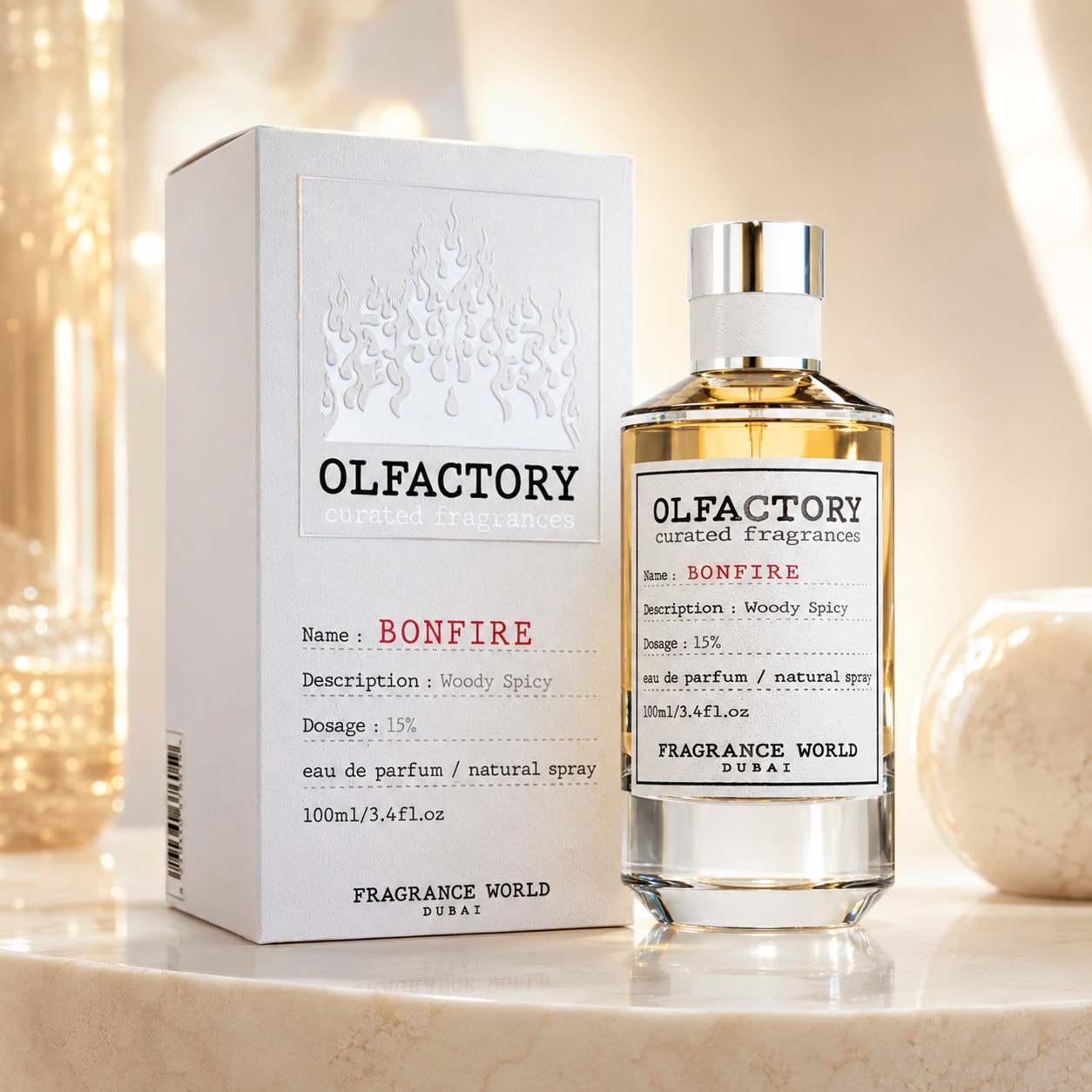 Parfum Arăbesc Olfactory Bonfire Fragrance World 100 ml cu flacon transparent și cutie albă premium