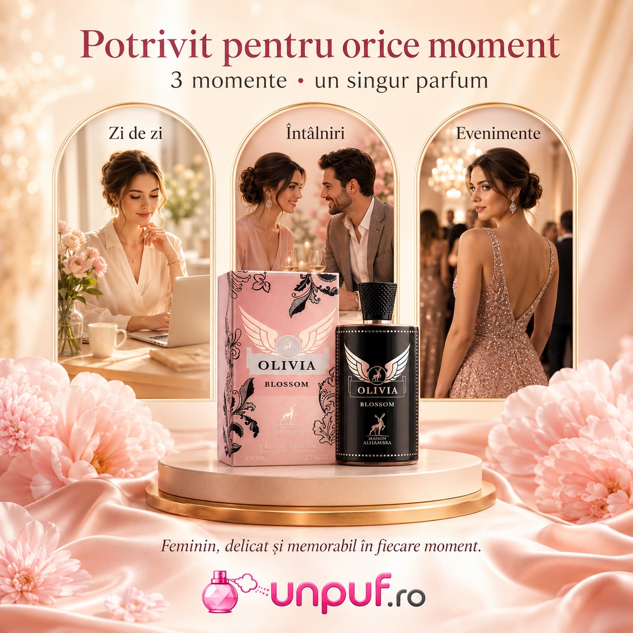 Parfum Olivia Blossom Maison Alhambra potrivit pentru zi de zi, &icirc;nt&acirc;lniri și evenimente elegante