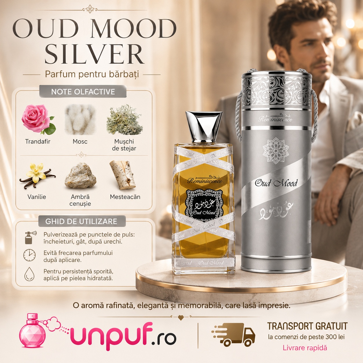 Oud Mood Reminiscence Lattafa parfum cu note de trandafir, mosc, mușchi de stejar, vanilie, ambră și mesteacăn, ghid de utilizare