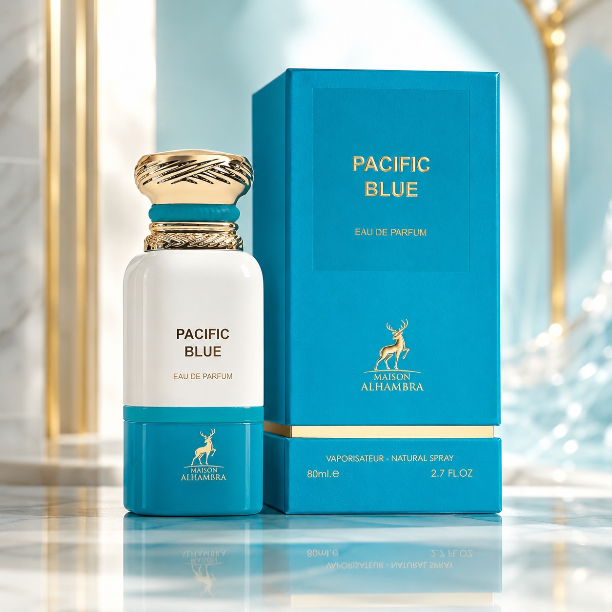 Parfum Arăbesc Pacific Blue Maison Alhambra EDP 80 ml Unisex cu sticlă alb turquoise, capac auriu și cutie albastră premium