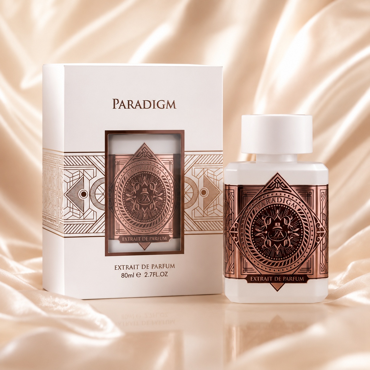 Parfum Arăbesc Paradigm French Avenue Extrait de Parfum 80 ml Unisex cu sticlă albă, placă rose gold și cutie premium
