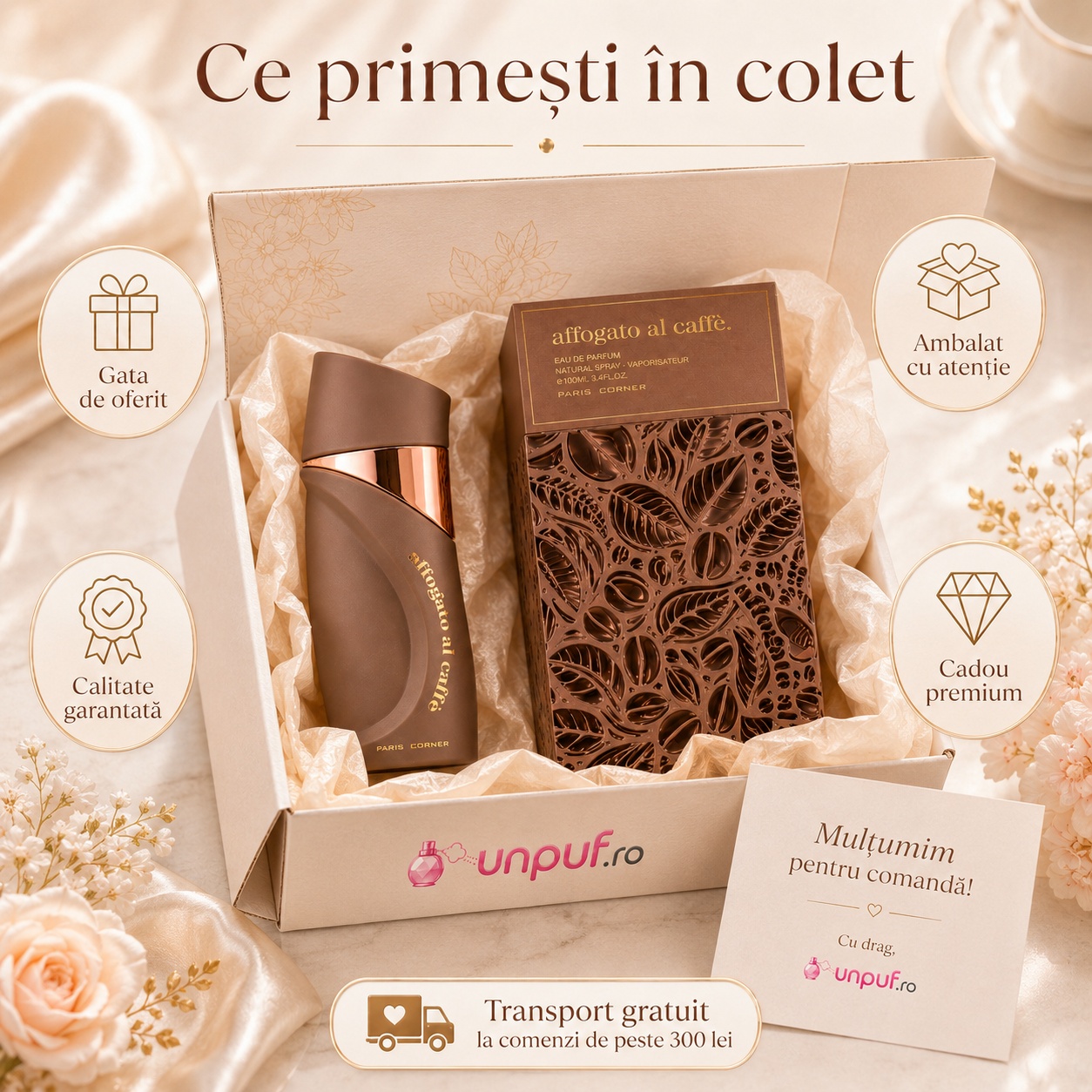Ce primești în colet Paris Corner Affogato Al Caffe 100 ml, parfum original și ambalaj premium
