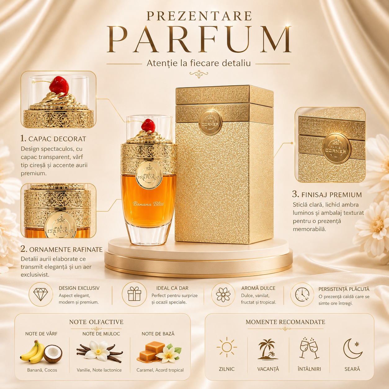 Prezentare parfum Paris Corner Banana Bliss cu flacon, cutie, note olfactive și momente recomandate