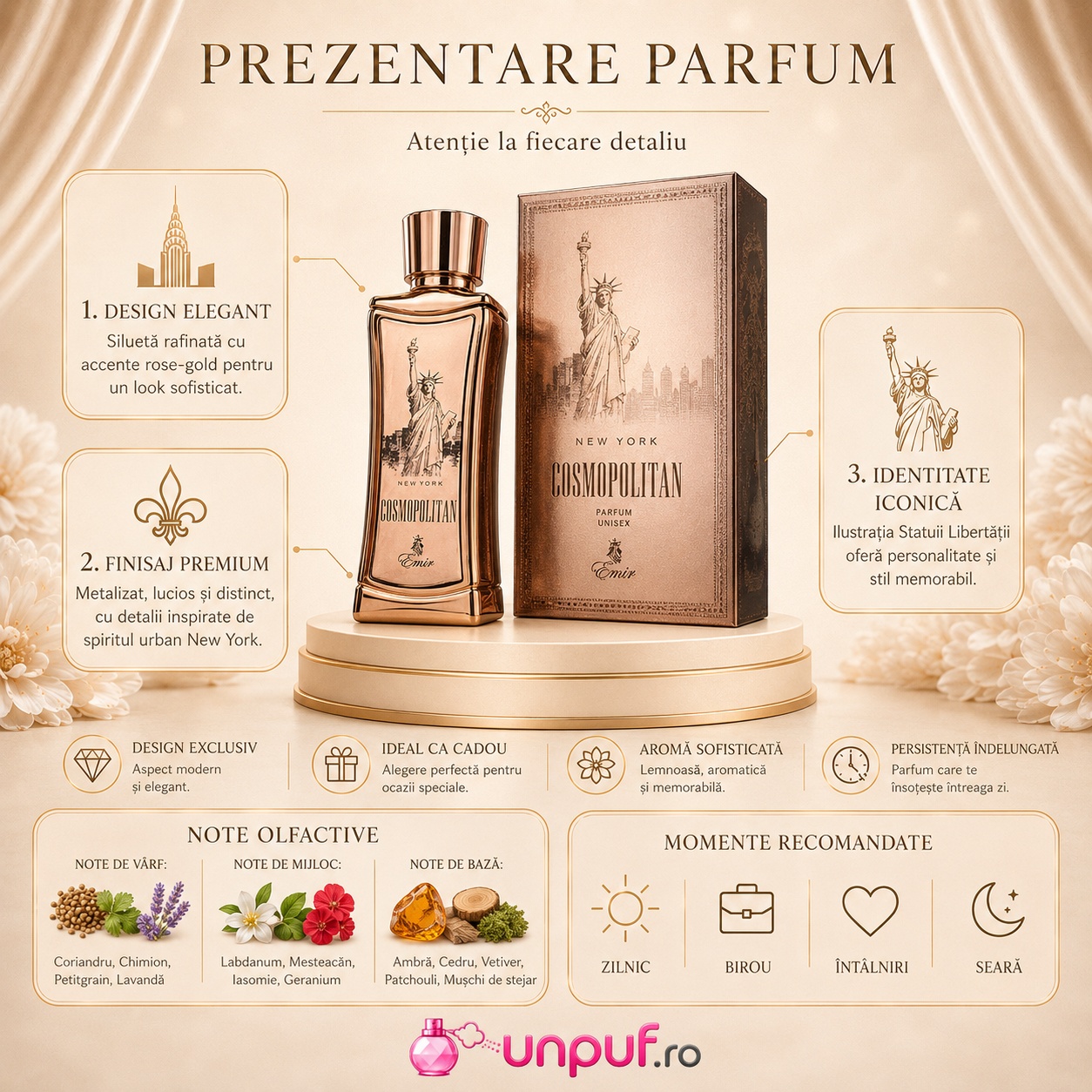Prezentare parfum Paris Corner Cosmopolitan New York cu flacon, cutie, note olfactive și momente recomandate