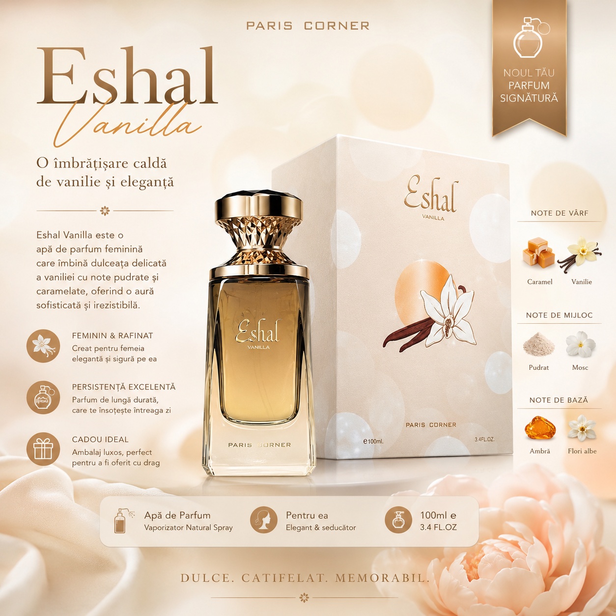 Prezentare parfum Paris Corner Eshal Vanilla cu flacon, cutie, note olfactive și beneficii