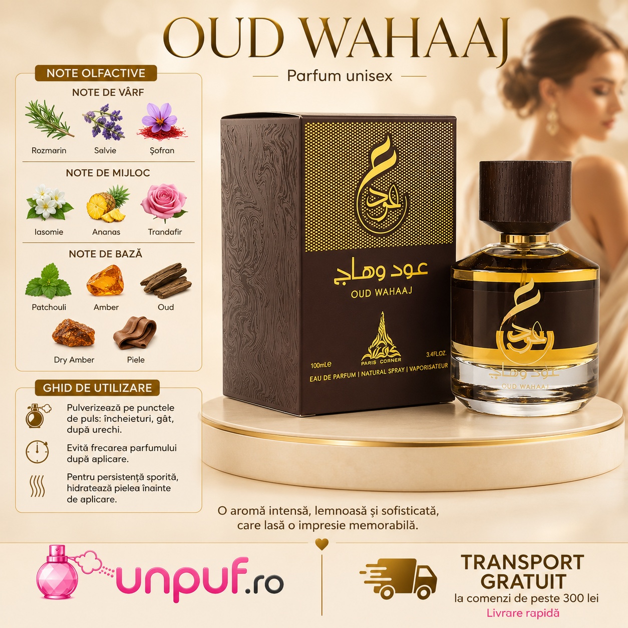 Prezentare note olfactive Oud Wahaaj Paris Corner cu rozmarin salvie șofran iasomie ananas trandafir patchouli ambră oud și piele