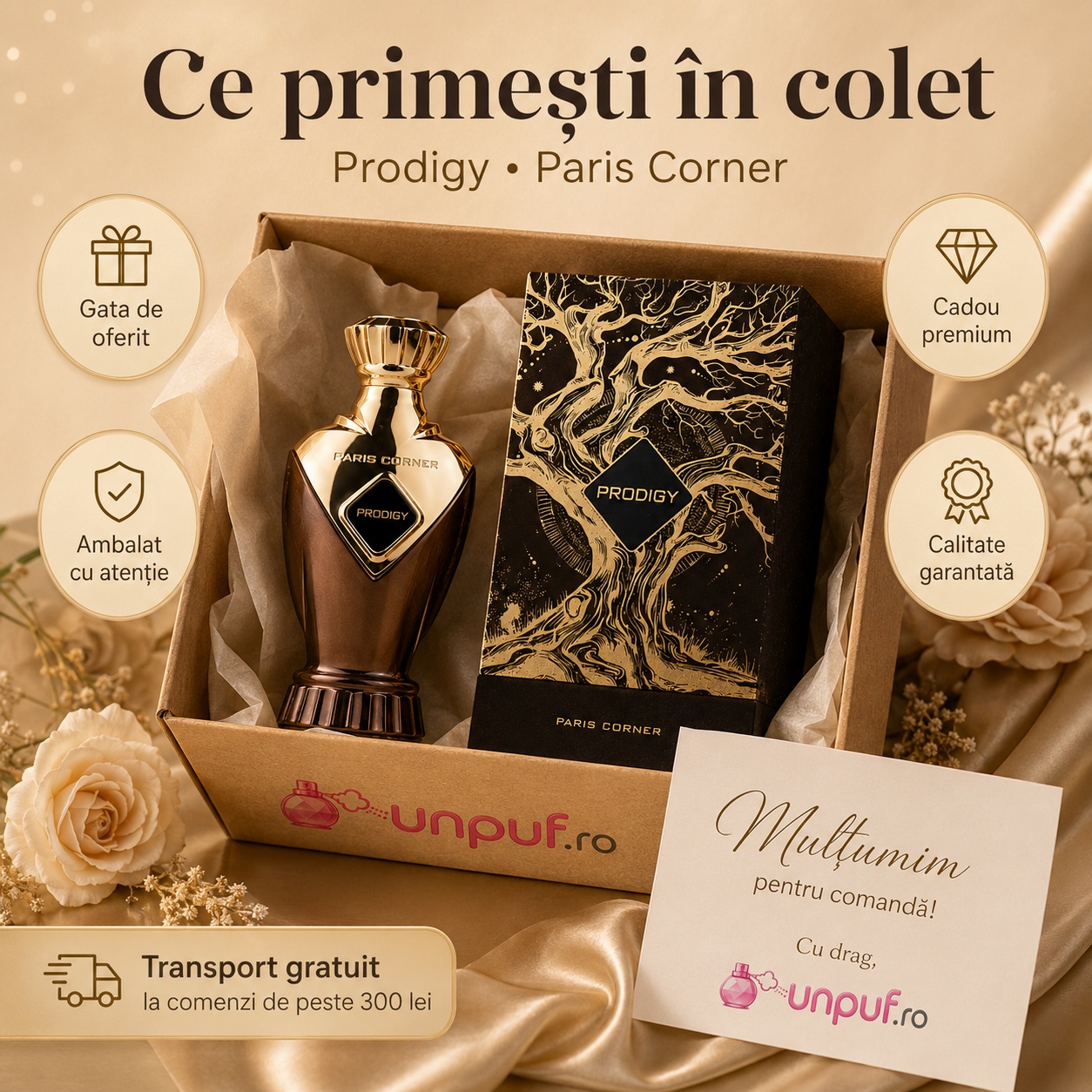 Ce primești &icirc;n colet Parfum Prodigy Paris Corner 100 ml ambalat cu atenție