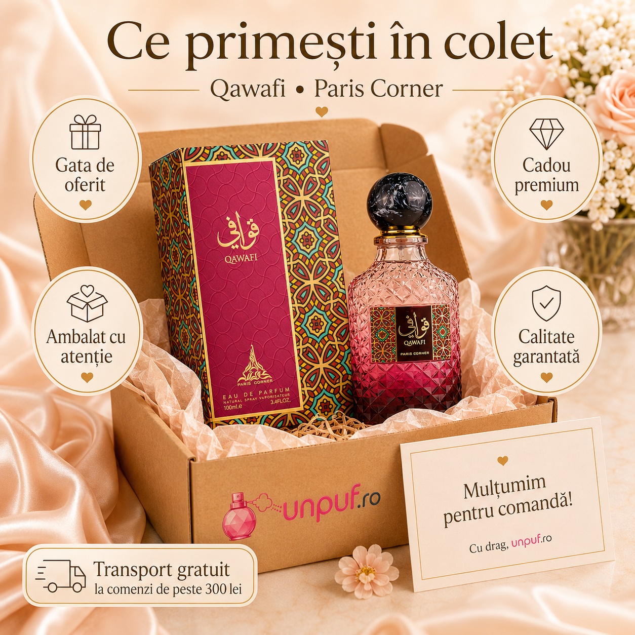 Ce primești &icirc;n colet Parfum Qawafi Paris Corner 100 ml ambalat cu atenție gata de oferit cadou
