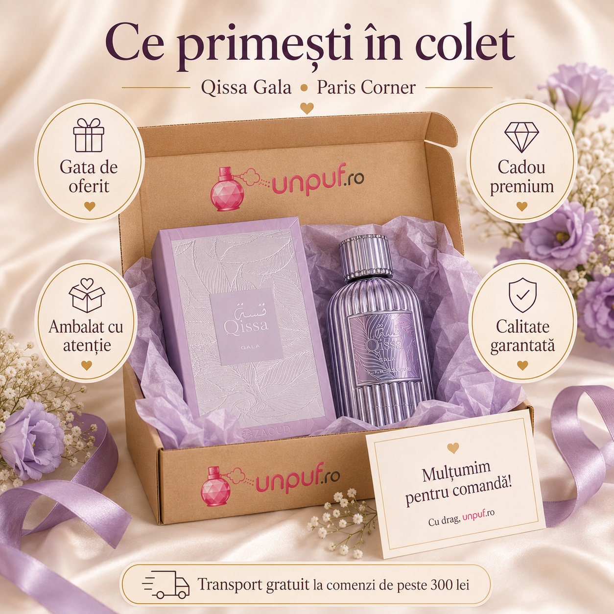 Ce primești &icirc;n colet Parfum Qissa Gala Paris Corner 100 ml ambalat cu atenție