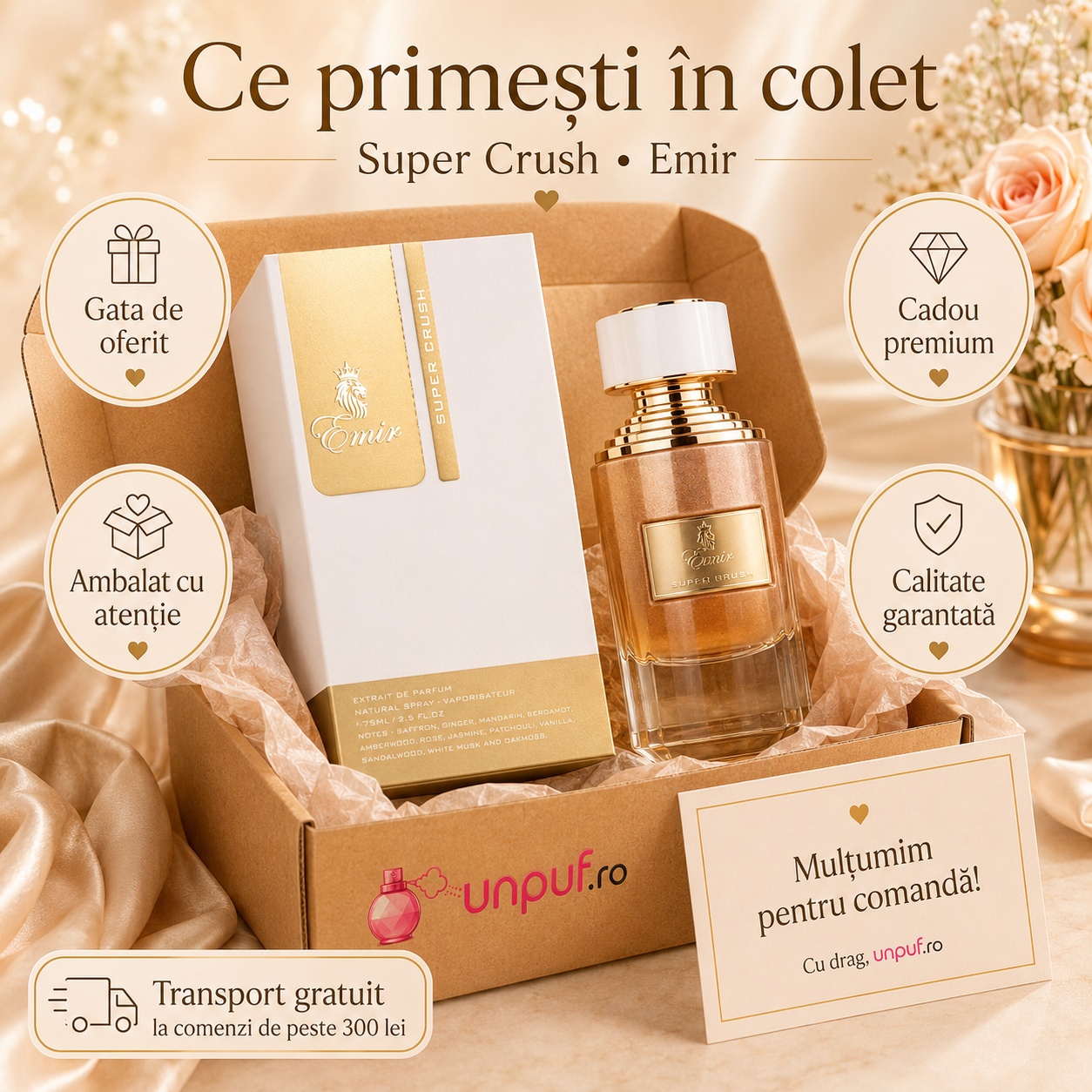 Ce primești &icirc;n colet Parfum Super Crush Emir Paris Corner 75 ml ambalat cu atenție gata de oferit cadou