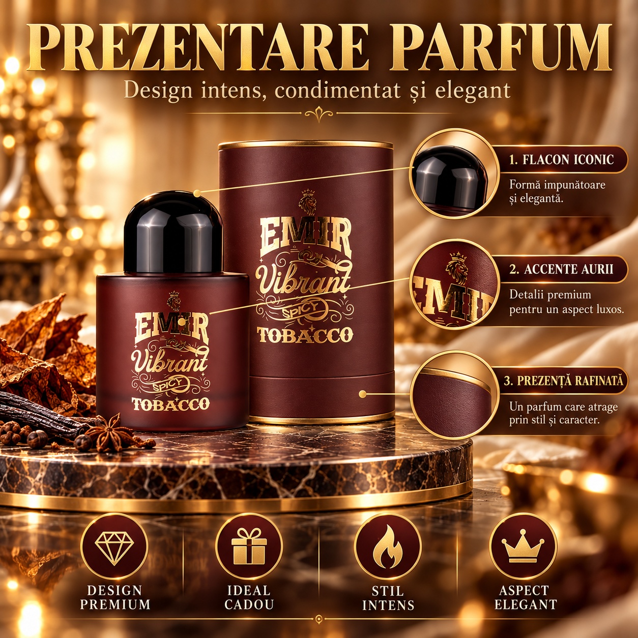 Prezentare parfum Paris Corner Vibrant Spicy Tobacco cu design intens condimentat și elegant