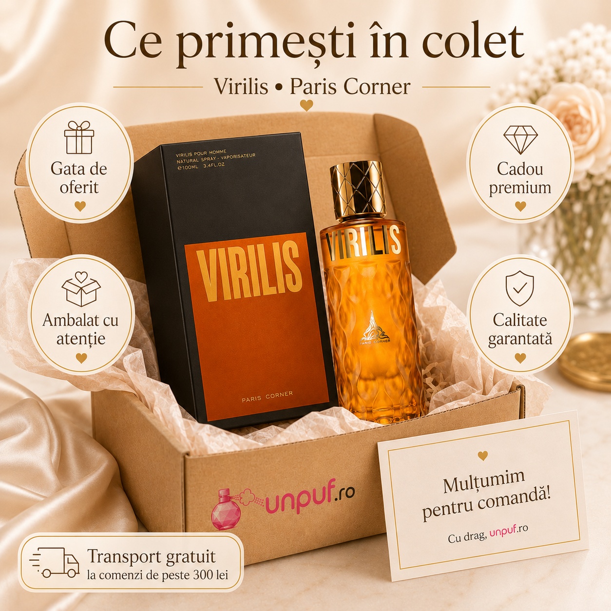 Ce primești în colet Paris Corner Virilis 100 ml, parfum original ambalat cu atenție și cadou premium