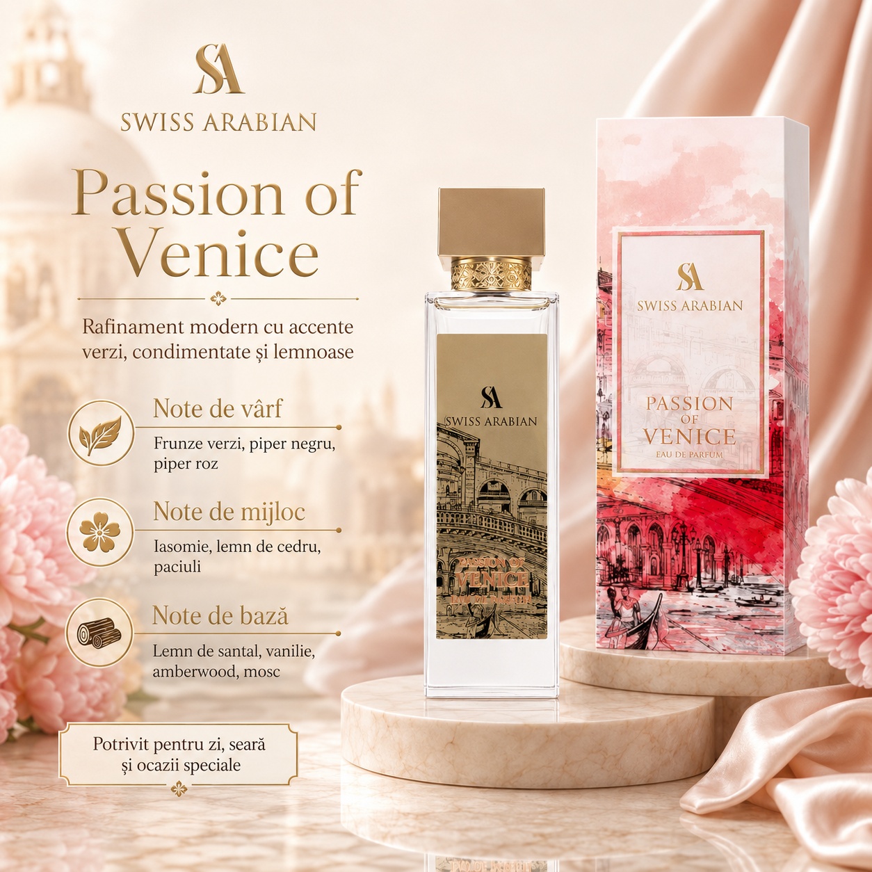 Passion of Venice Swiss Arabian rafinament modern cu accente verzi condimentate și lemnoase, parfum potrivit pentru zi seară și ocazii speciale