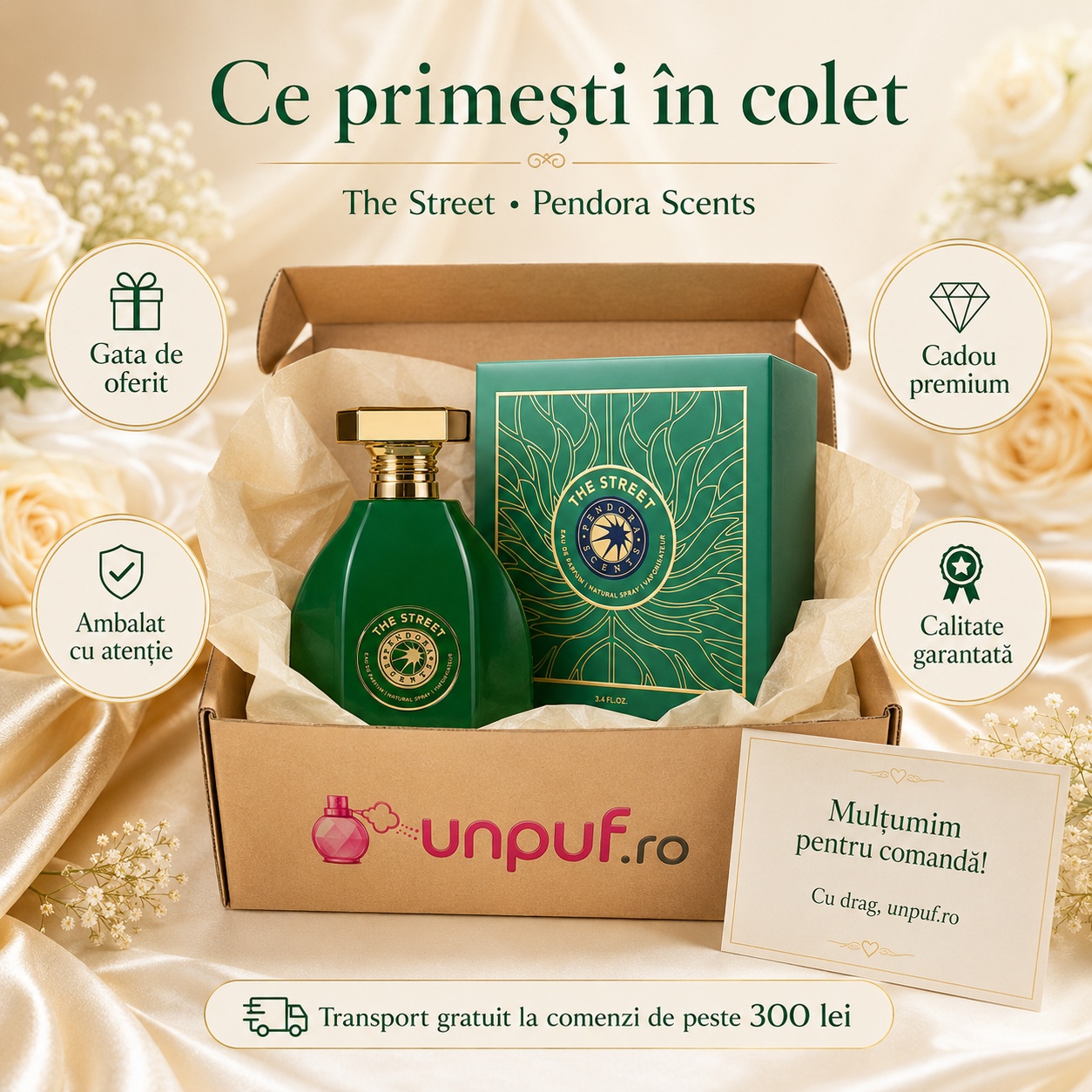 Ce primești în colet Pendora Scents The Street 100 ml, parfum original ambalat cu atenție și transport gratuit peste 300 lei