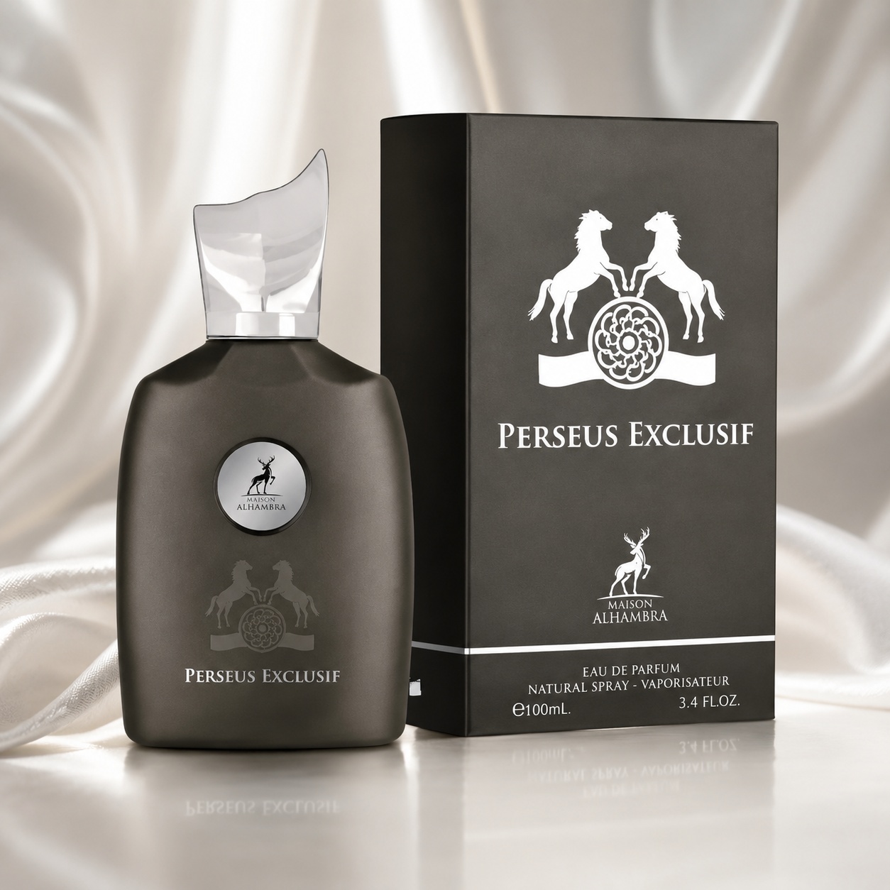 Parfum Arăbesc Perseus Exclusif Maison Alhambra EDP 100 ml Bărbat cu sticlă negru fumuriu, capac transparent sculptural și cutie premium neagră