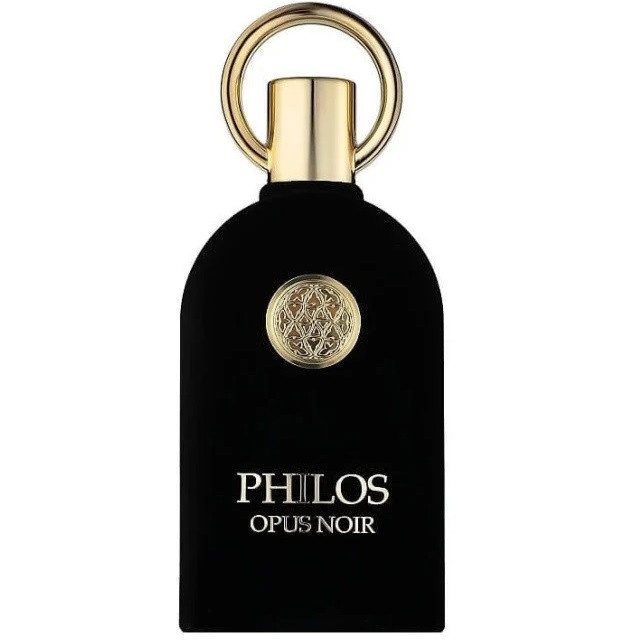Flacon Philos Opus Noir Maison Alhambra negru catifelat cu capac circular auriu pe fundal alb