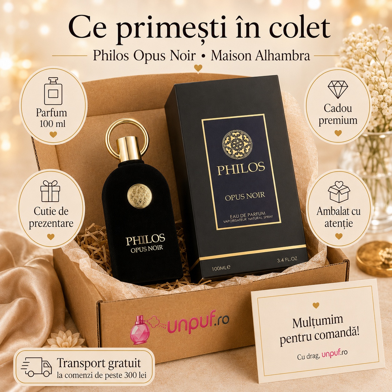 Ce primești &icirc;n colet Philos Opus Noir Maison Alhambra parfum arabesc unisex ambalat cu atenție de unpuf.ro