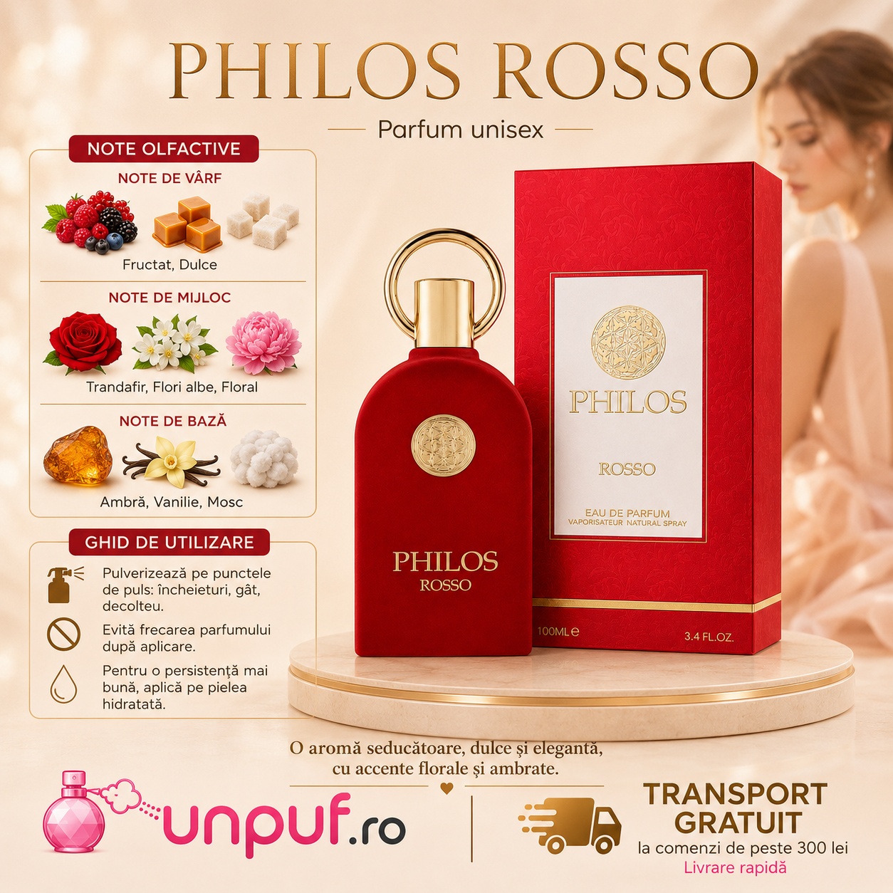 Ghid de utilizare Philos Rosso Maison Alhambra parfum cu fructat, dulce, trandafir, flori albe, ambră, vanilie și mosc